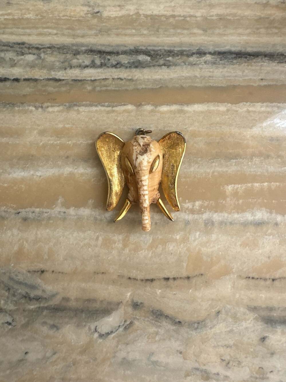 Vintage Luca Razza 1970s Elephant Head Resin and Gold Tone Pendant